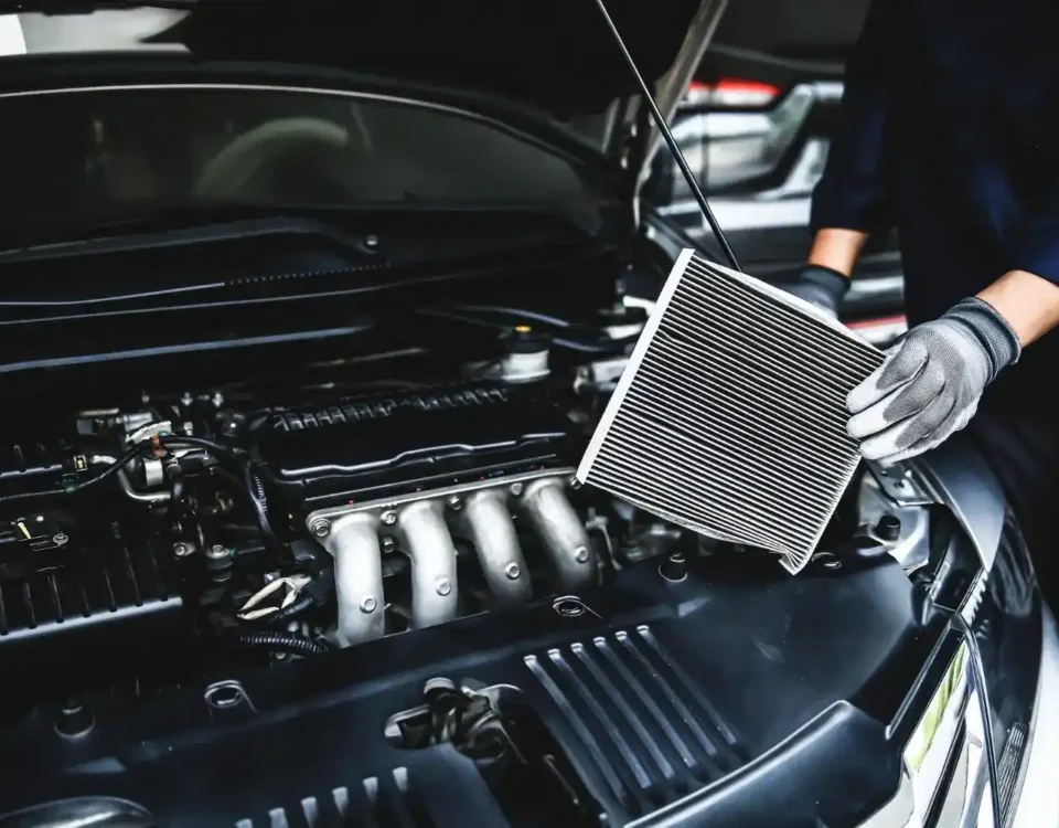Mecânico realizando manutenção no motor e trocando o filtro de ar próximo ao radiador do carro aberto