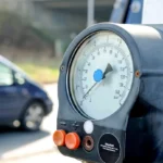 Equipamento de calibragem do pneu com manômetro em destaque, usado para medir a pressão correta dos pneus de veículos.