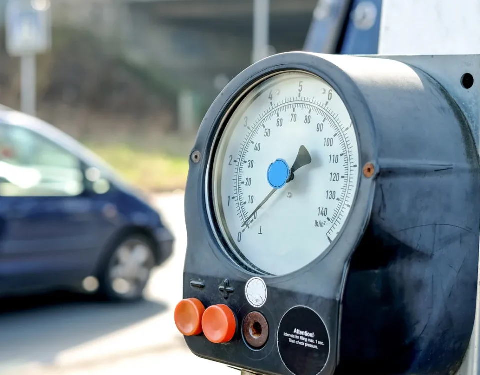 Equipamento de calibragem do pneu com manômetro em destaque, usado para medir a pressão correta dos pneus de veículos.