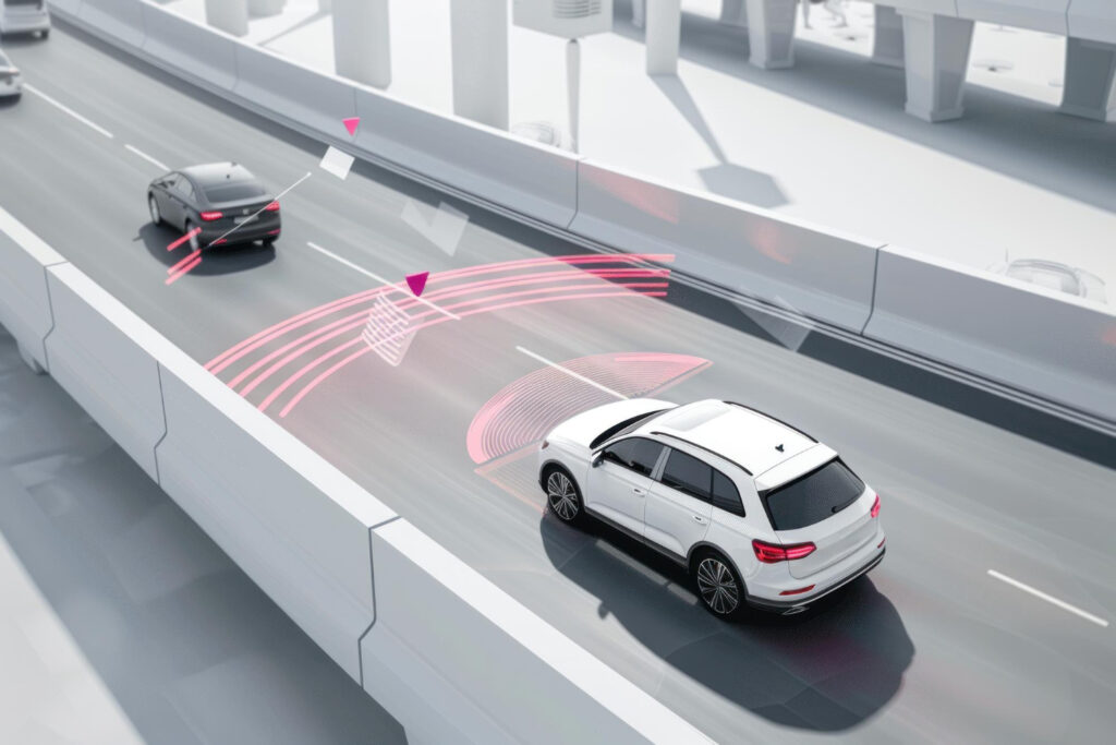 Funcionamento do Piloto Automático Adaptativo Ilustracao do funcionamento do piloto automatico adaptativo com sensores detectando veiculo a frente na rodovia