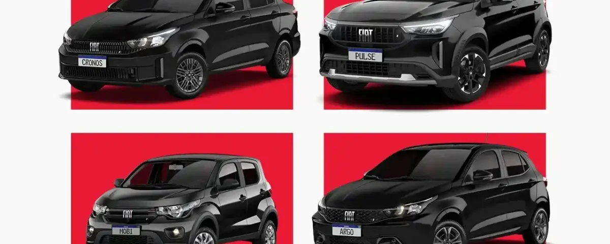 : Modelos Fiat Cronos, Pulse, Mobi e Argo em destaque, representando os carros mais econômicos da Fiat.