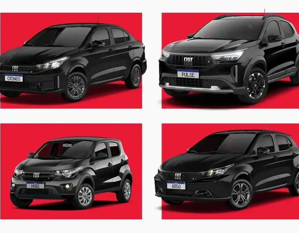 : Modelos Fiat Cronos, Pulse, Mobi e Argo em destaque, representando os carros mais econômicos da Fiat.