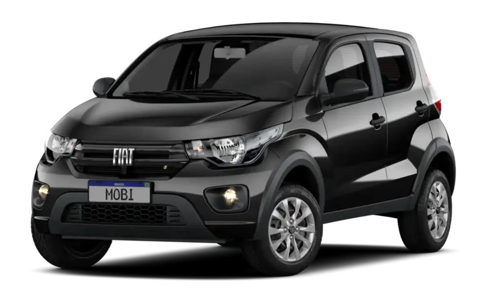 Fiat Mobi preto visto de frente e lado, representando um dos carros mais econômicos da categoria.