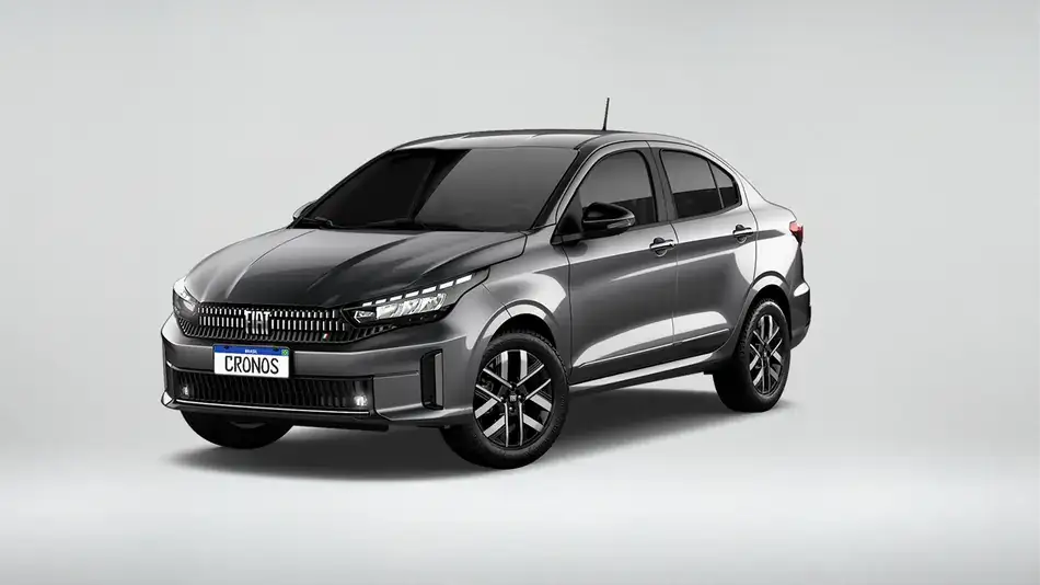 Foto do Fiat Cronos em vista 3/4 destacando a lateral e frente, mostrando o modelo com câmbio CVT e acabamento externo do veículo.