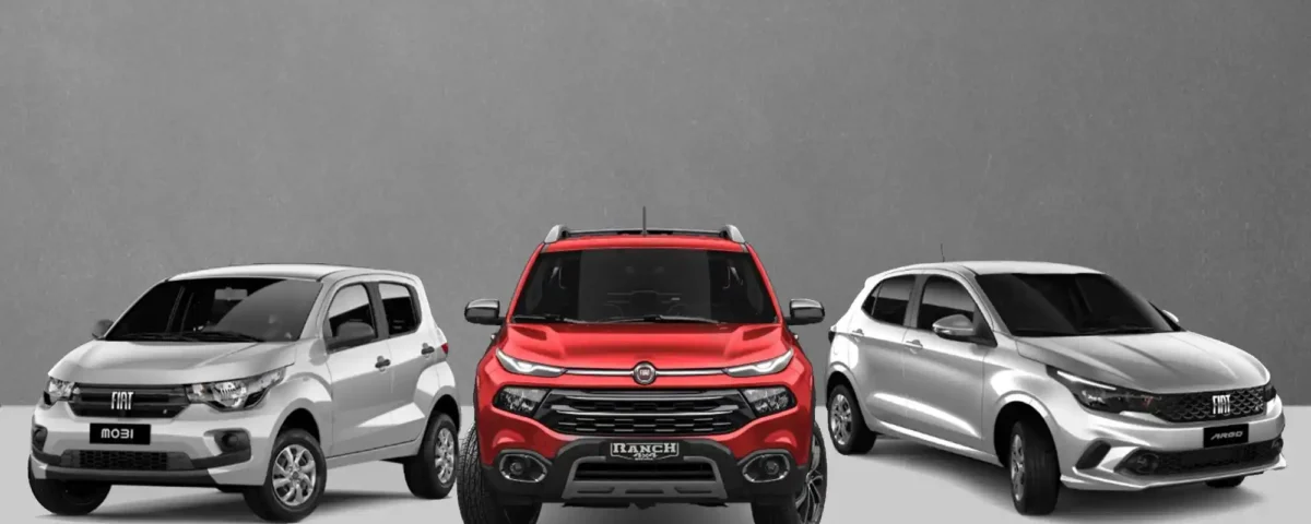 Diferentes tipos de carros como hatch, SUV e sedan exibidos juntos