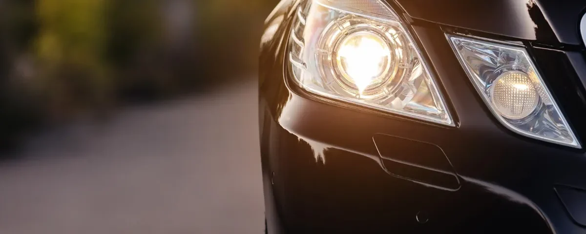 Farol de carro preto aceso ao entardecer